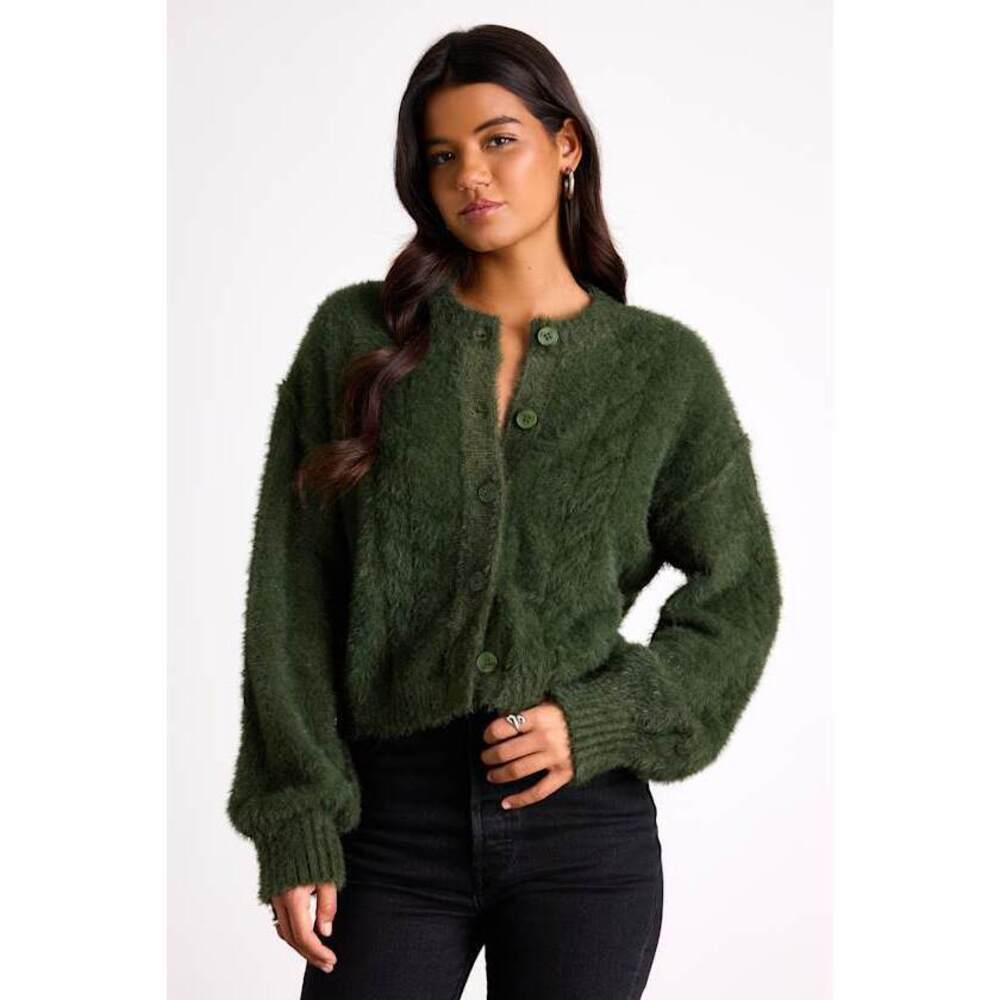 Lulus Ashby Dark Green Braided Eyelash Knit Cardigan Sweater - Size XS